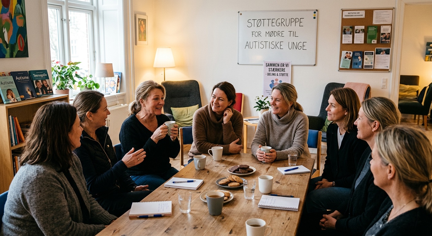 Gruppe af kvinder sidder omkring et bord med kopper og noter i mødelokale med opslagstavle.