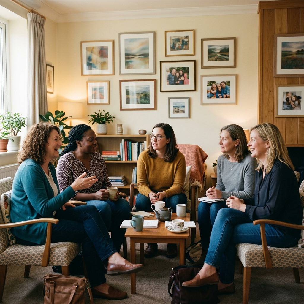 Gruppe af fem kvinder sidder i stue og drikker kaffe omkring bord med bøger og indrammede billeder.